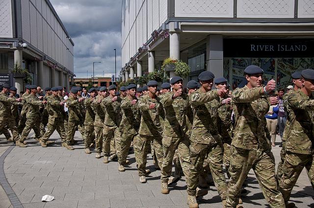 Troops marching in the streets on Armed Forces Day