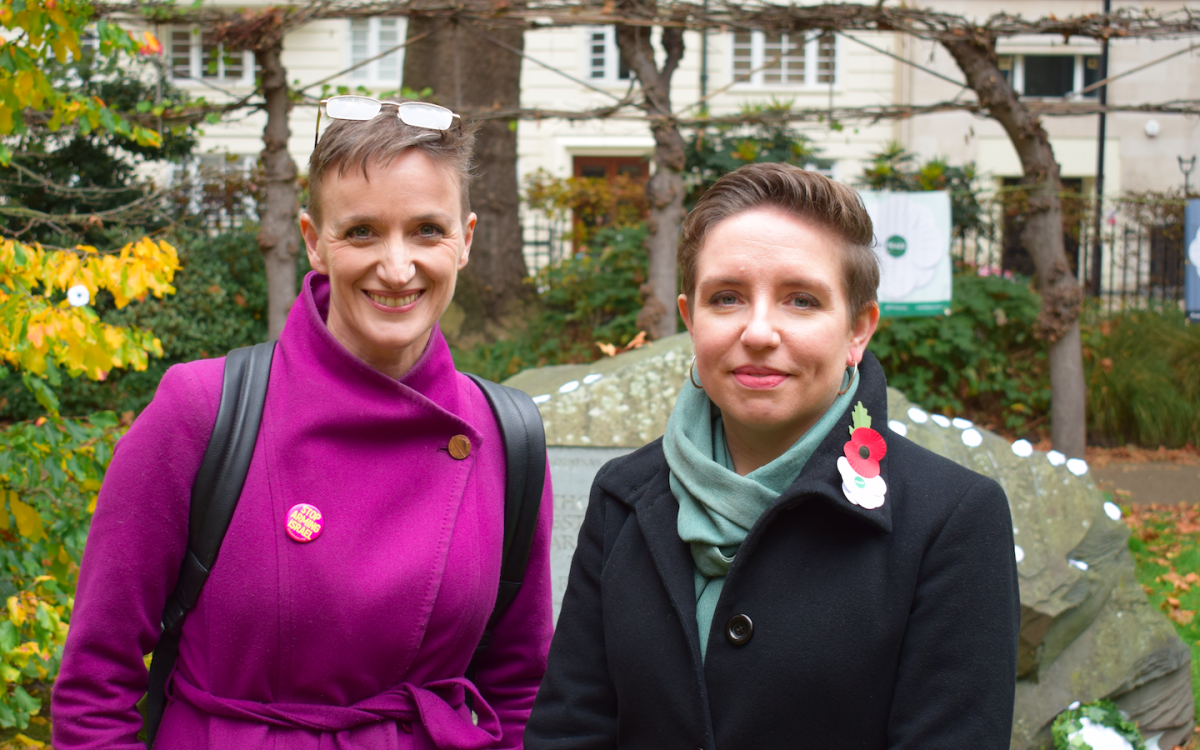 Green Party MP Carla Denyer at last year's National Alternative Remembrance Ceremony, with comedian and PPU member Kate Smurthwaite