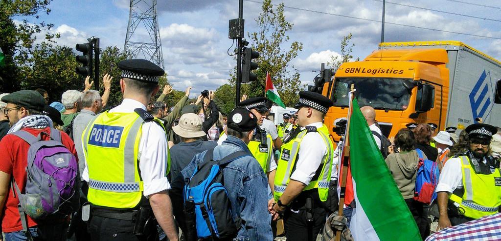 Protests at the entrance to DSEI, 2 September 2019