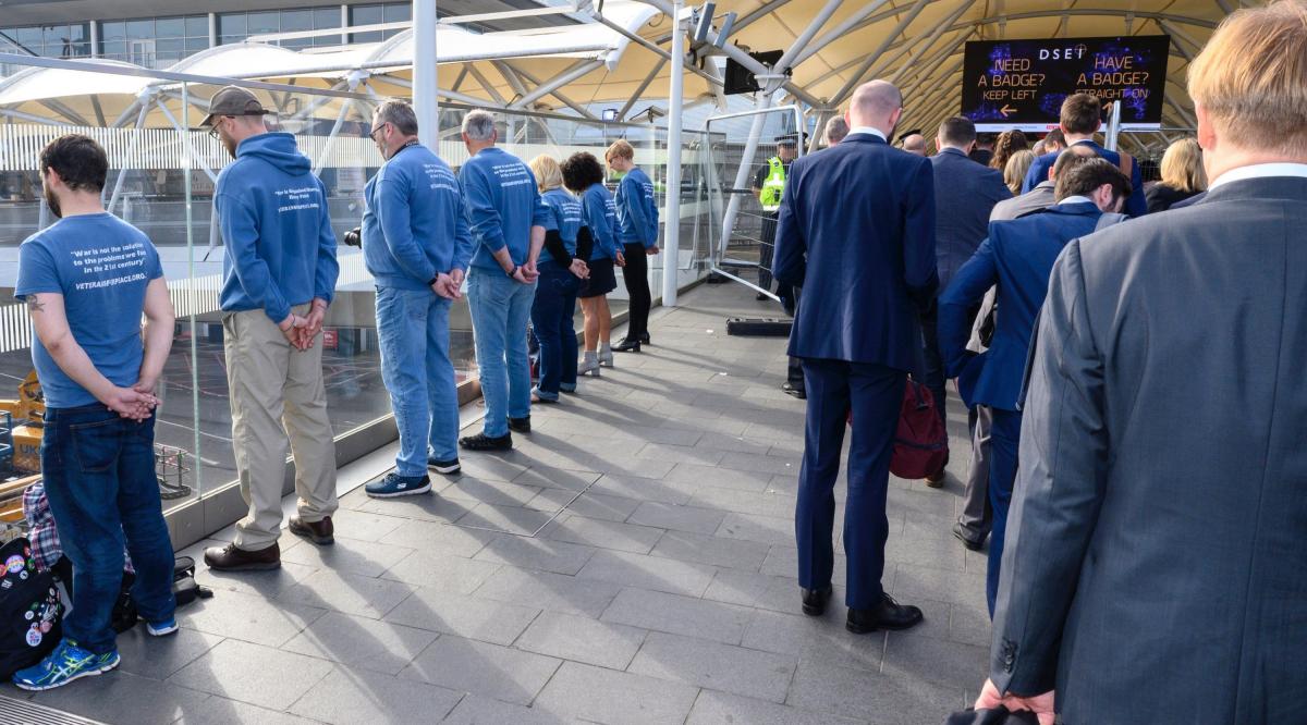 Veterans for Peace protesting against the opening of the DSEI arms fair